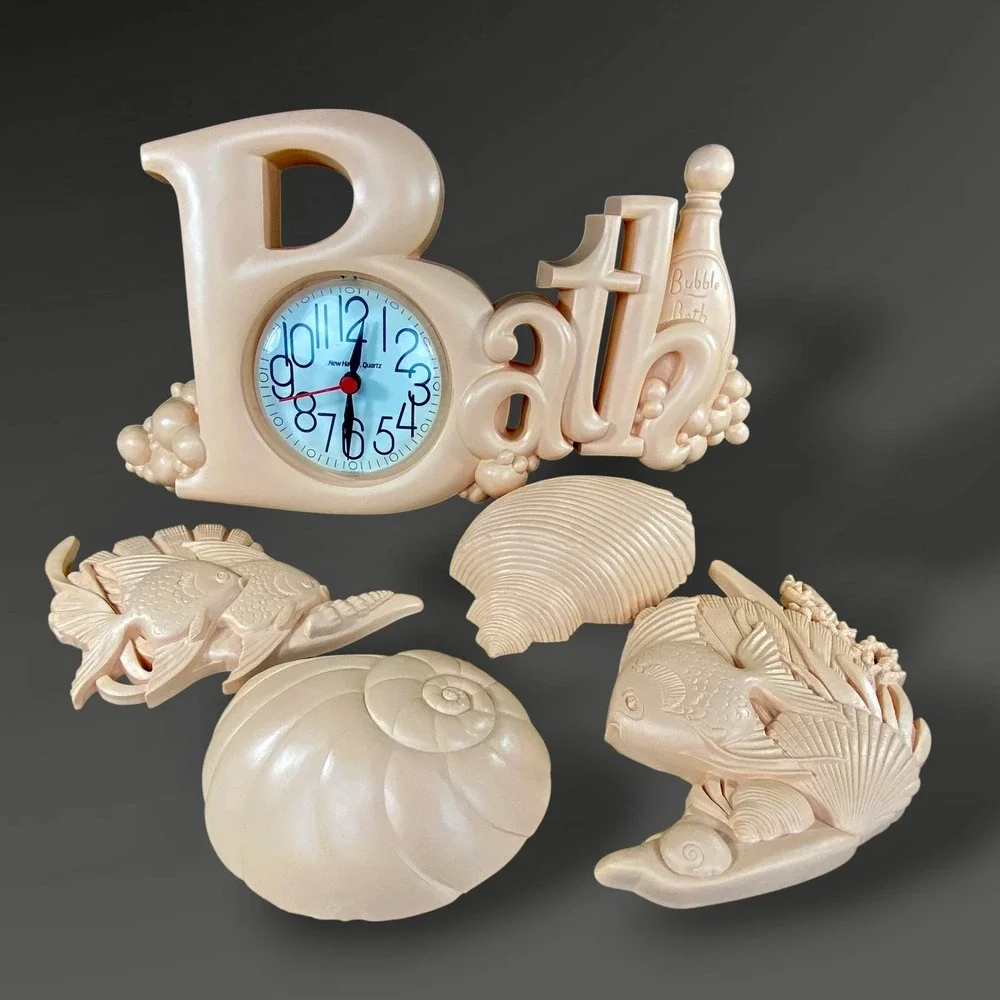 Burwood Bubble Bath Wall Clock Fish Shell Wall Pockets Peach Bathroom 1980s